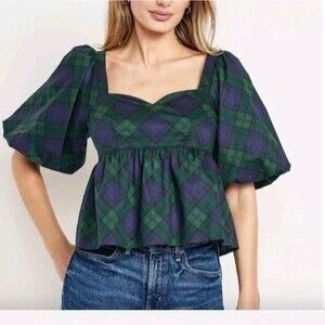Old Navy Off Shoulder Top Womens M Green Plaid Smocked Peplum Peasant NWT